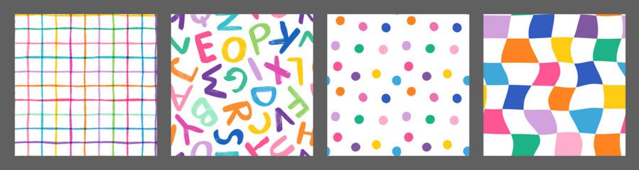 Colorful dots, wavy plaid and alphabet letters seamless vector set, Cute backgrounds for children birthday and school designs © dollitude