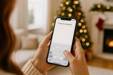 Woman searching christmas gift ideas for parents on smartphone in festive holiday living room