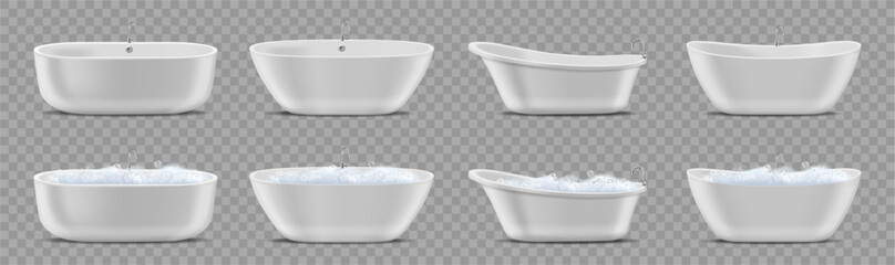 Bathtubs set in realistic style. Vector glossy ceramic tubs collection in various sizes and shapes. Bathroom catalog and interior mockup, furniture template or renovation project elements