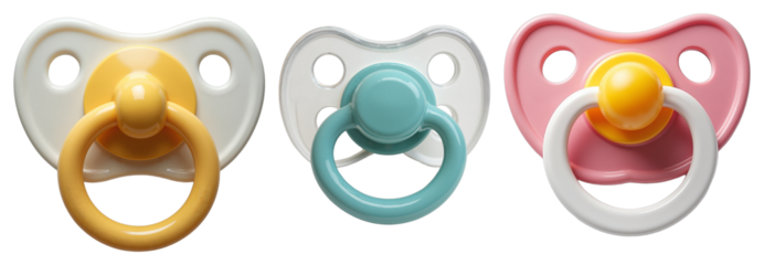 Baby Pacifiers – Orthodontic Silicone Nipples in Yellow, Teal, and Pink for Infant Care Blogs and Product Catalogs