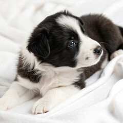 Fototapeta premium Close-Up of a Four-Day-Old Black and White Puppy Lying Down, Cute Pet Photography, Animal, Adorable Dog, Newborn Puppy, Domestic Companion, Isolated on White. PNG