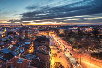Evening in Porto, Portugal. Aerial view from bell tower of Clerigos Church