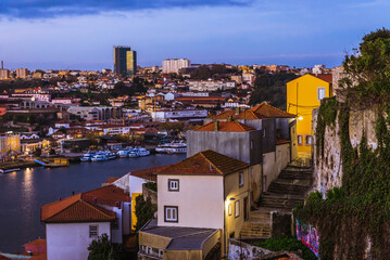 Aerial view on the old part of Porto city, view with Vila Nova de Gaia city, Portugal