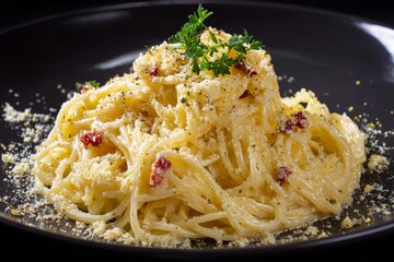 Spaghetti carbonara with parmesan cheese.