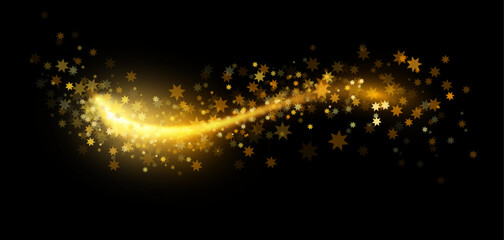 Magic stream of light, tail of comet of shooting star decorated with confetti. Vector isolated cosmic dust with sparkles and flares. Glowing and shining ray of luminary, glossy twinkles flashes © Sensvector