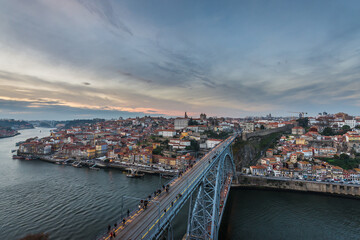 Dom Luis I Bridge in Porto city seen from viewing point in Vila Nova de Gaia, Portugal