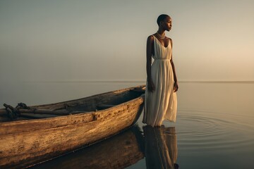 Dramatic fashion shot of a tall, dark-skinned woman standing in knee-deep water next to a wooden canoe, wearing a minimalist white sleeveless dress, golden hour lighting casting long shadows