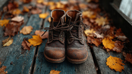 Worn leather boots on rustic wooden surface surrounded by autumn leaves, evoking cozy fall atmosphere
