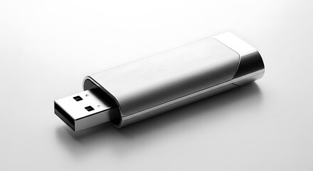 Modern silver usb flash drive with a sleek metallic finish, isolated on white background