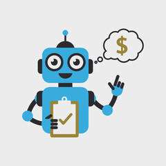 Blue robot holding a clipboard thinking about money.