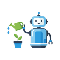 Obraz premium Robot watering a plant in a pot with a green watering can, cartoon style.