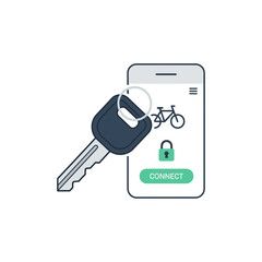 Key and smartphone with bicycle icon and connect button, representing digital access.