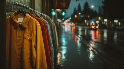 Corduroy jackets hang under awning on rainy city evening, with reflections on wet pavement creating moody urban vibe