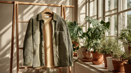 Corduroy jacket hanging on wooden rack with plant accents, daylight streaming through large window in airy modern studio