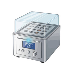 Obraz premium Laboratory heating block with digital display and transparent lid, used for scientific experiments.