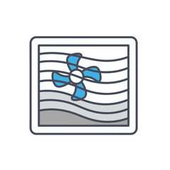 Illustration of a window fan with blue blades and gray frame.