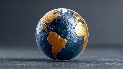 Globe model featuring detailed continents in gold and blue colors, resting on a textured surface, symbolizing global connectivity and environmental awareness in a modern artistic representation