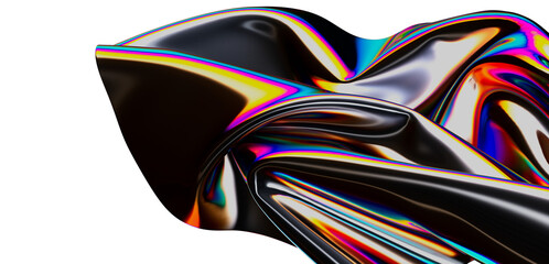 Vibrant and colorful abstract image of reflective metallic surface with a rainbow-like iridescent effect against white. Perfect for modern art o