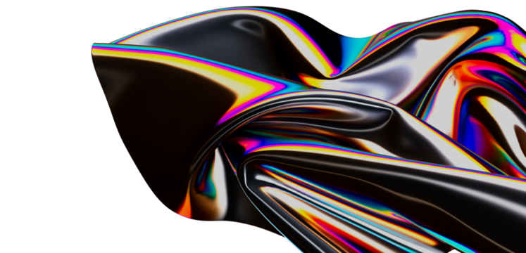 Vibrant and colorful abstract image of reflective metallic surface with a rainbow-like iridescent effect against white. Perfect for modern art o