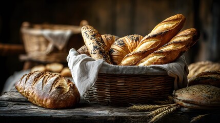 Rustic Still Life: Abundant Variety of Fresh Baked Breads Displayed with an Artisan Charm