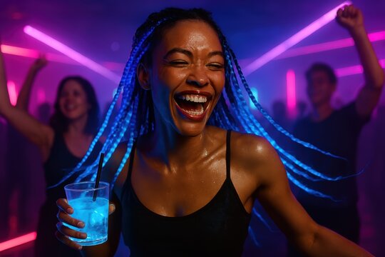 Exuberant Woman with Glowing Drink Dancing at Neon Dubstep Rave - Powered by Adobe