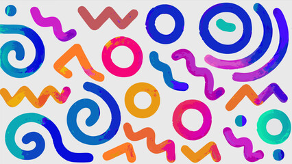 Colorful abstract shapes with circles spirals and zigzags on a white background creating a fun pattern