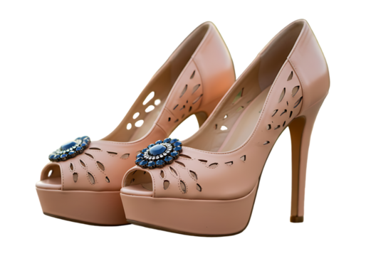 Elegant peach peep toe heels with blue embellishments isolated on transparent background