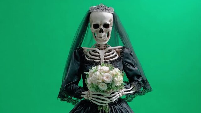 Unconventional Bride in Green: A skeleton bride, in a black gown and veil, holds a bouquet of flowers against a vibrant green backdrop, creating a unique and slightly eerie juxtaposition.