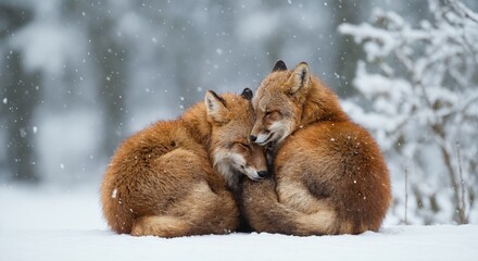 Two foxes cuddling in snowy winter forest wildlife love scene