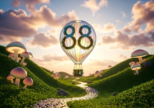 Enchanting 88 Hot Air Balloon Soaring Over a Mushroom Forest with a Winding Path at Sunset