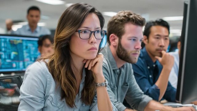 Focused Team: A diverse group of business professionals intently focused on computer screens, in a dynamic office environment, showcasing collaboration and innovation.  - Powered by Adobe