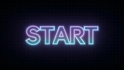 Opening neon START sign pulsating on virtual stage, signaling sequence start with retro grid - Powered by Adobe