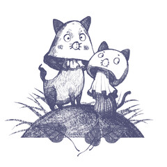 Sketch-style illustration of cute and funny cats shaped like mushrooms. Surreal illustration. Frame template for stickers, invitations, and cards.