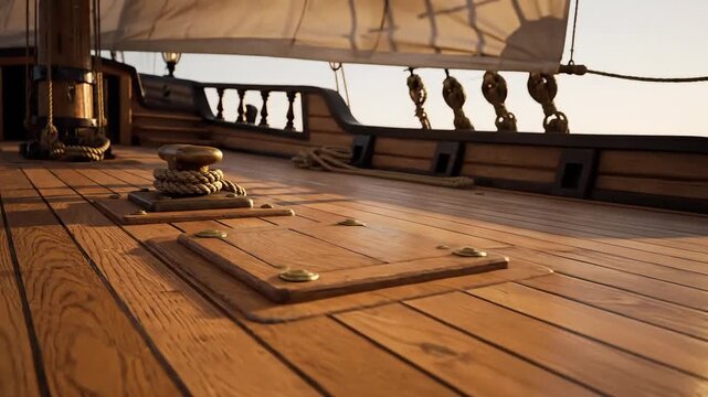 Close-up view of the polished wooden deck of a historic sailing ship at sea.