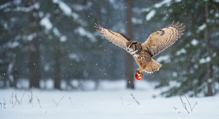 Flying owl holding Christmas ornament in snowy winter forest