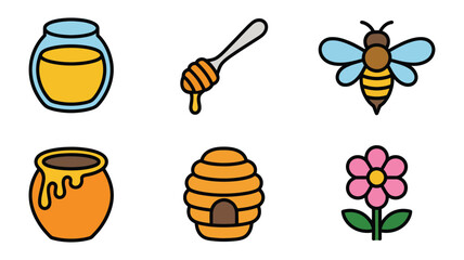 Vector Illustration of honey related objects including jar, dipper, bee, pot, beehive, and flower