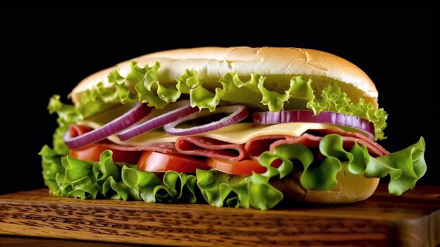 A Fresh And Delicious Submarine Sandwich Overflowing With Cured Meat, Cheese, Lettuce, Red Onion, And Tomato.