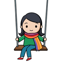 Cartoon Girl Sitting on Swing with Colorful Scarf, Fun and Playful Kid Illustration