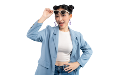 Young Asian woman  in blue jacket adjusting her sunglasses on PNG