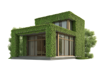 Modern eco friendly home. Contemporary green house architecture, sustainable building covered in lush ivy. Serene dwelling provides refreshing, natural environment