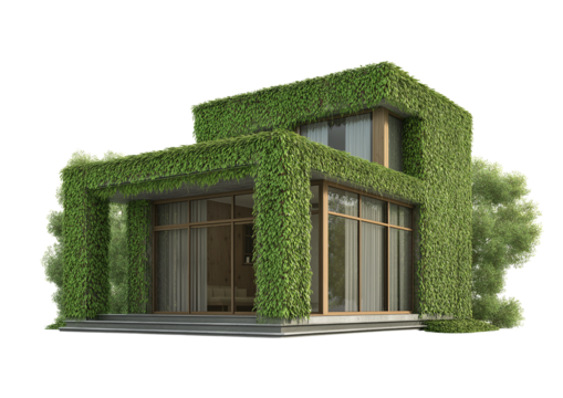 Modern eco friendly home. Contemporary green house architecture, sustainable building covered in lush ivy. Serene dwelling provides refreshing, natural environment