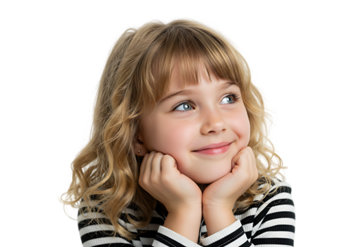 Young girl with blond hair resting chin on hands isolated on transparent background