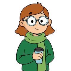 Cartoon Girl Holding Coffee Cup with Scarf, Cozy and Cute Winter Illustration