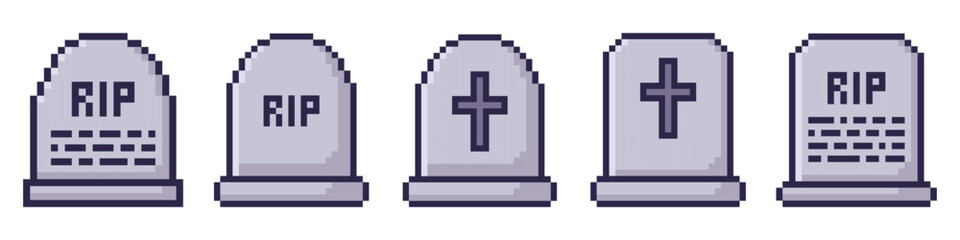 gravestone pixel art set of objects, tombstone, halloween decoration, old vintage arcade 8 bit game style, spooky season, pixelated stickers, vector illustration