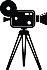 Obraz premium Black silhouette of a vintage film camera on a tripod antique apparatus