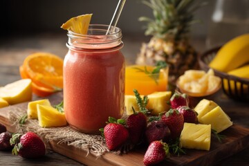 Tropical fruit smoothie in glass jar.