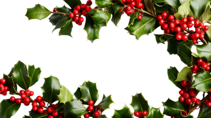 Vibrant green holly leaves and bright red berries create cheerful frame, evoking joyful Christmas holiday spirit. festive natural border for seasonal celebrations, symbolizing warmth