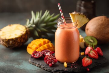 Tropical fruit smoothie in glass jar.