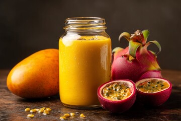Tropical fruit smoothie in glass jar.