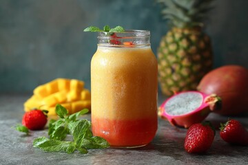 Tropical fruit smoothie in glass jar.